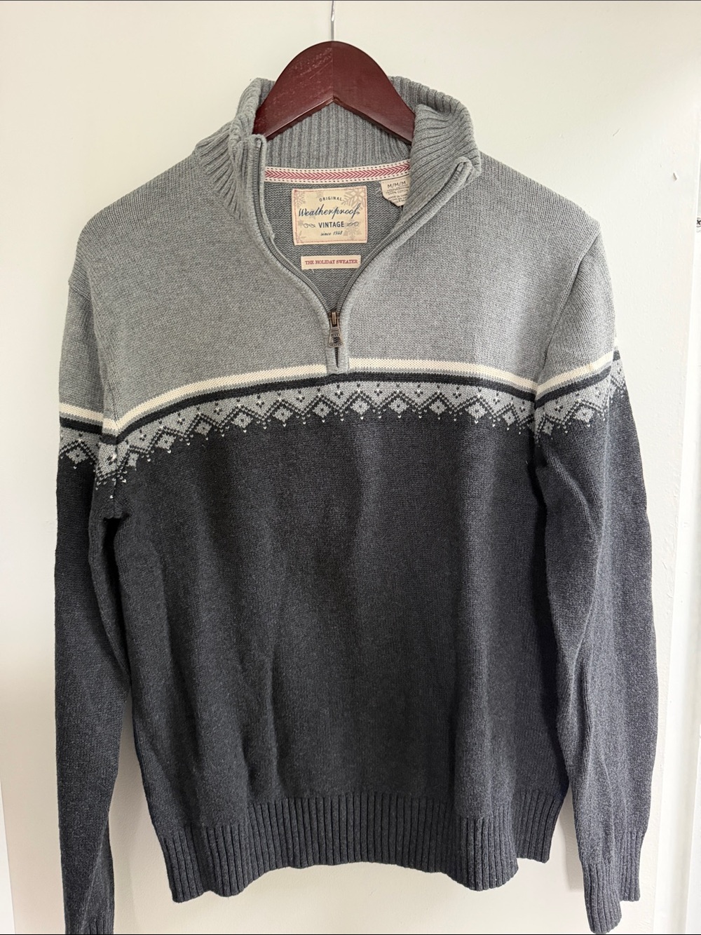 Weatherproof Men’s Zip-Up Fair Isle Sweater in Light Gray and Charcoal